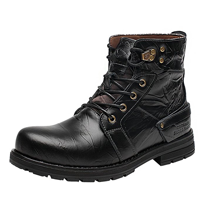 Shenn Men's Work Space Stylish Ankle High Wear-Resistant Split Leather Combat&Motorcycle Boots