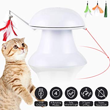 Upgraded Cat Laser Toy,Cat Toys Interactive,2 in 1 Automatic Cat Toy,Moving Feather Toy with Laser Pointer,Electronic Cat Chaser Toy Indoor,Auto Rotating Light,Multiple Feather Hangings,3 Ways to Play