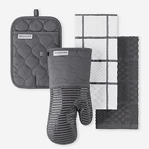 KitchenAid Quilted Cotton Terry Cloth Oven Mitt, Pot Holder Heat Resistant, 16"x26", 7"x13" & 7"x10", Charcoal Grey