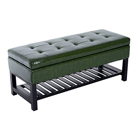 HomCom 44” PU Leather Tufted Shoe Rack Ottoman Storage Bench – Dark Green