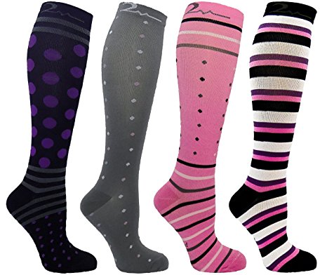 4 Pair Medium/Large Extra Soft Premium Quality Colorful Moderate/Medium Graduated Compression Socks 15-20 mmHg. Stylish Knee-High Socks Fun and Stylish