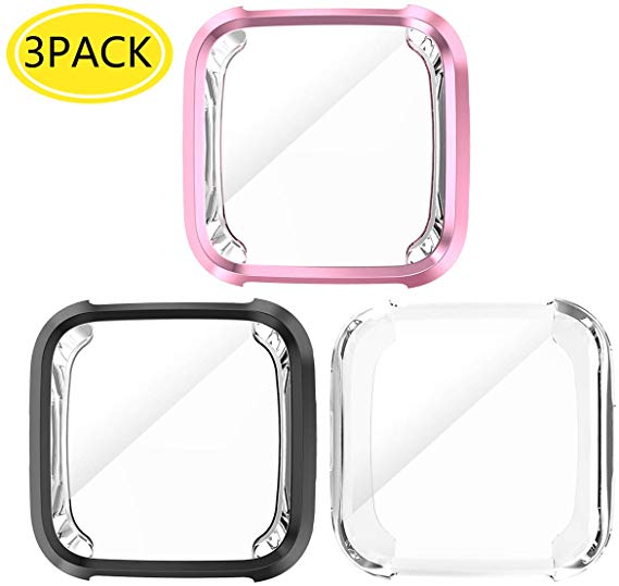 [3 Pack] Case for Fitbit Versa, Cuteey Soft TPU Plated Screen Protector Cover Scratch-Proof All-Around Protective Bumper Shell for Fitbit Versa Smartwatch Accessories