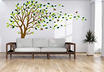Large Tree Blowing in the Wind Tree Wall Decals Wall Sticker Vinyl Art Kids Rooms Teen Girls Boys Wallpaper Murals Sticker Wall Stickers Nursery Decor Nursery Decals (Brown and Green)