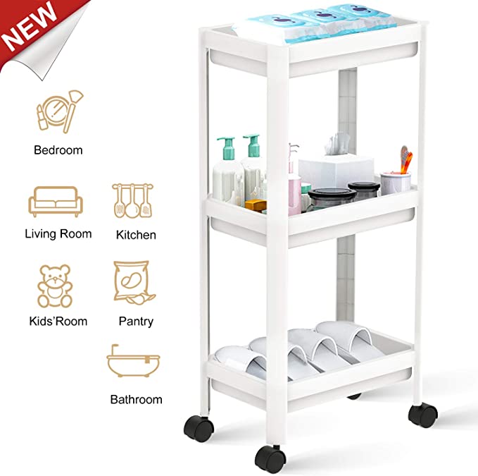 Flowmist 3 Tier Slim Rolling Organizer Storage Cart Rolling Laundry Cart Bathroom Shelves Organizer, with Wheels for Bathroom Laundry Pantry Kitchen Narrow Places