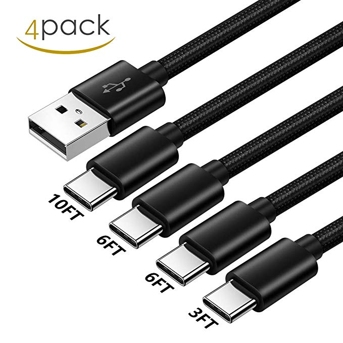 Charger Cord for LG G7 Thinq/Plus,V35 Thinq,V30/Plus/V30S/V30 ,V20/Plus,V40,Huawei Mate 10/Pro,Mate 9/pro,P10/Plus/Pro,P9/Plus,Nova 3/3e/2,Nylon USB Type C Charging Cable Fast Charge 3 6 10 FT 4 Pack