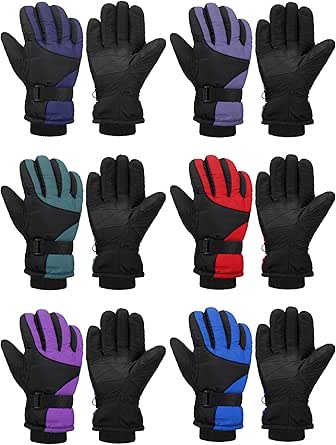 SATINIOR 6 Pairs Kids Winter Gloves Waterproof Ski Gloves Snow Warm Full Finger Snowboard Unisex Gloves for Cold Weather Boys(4-6 Years,Stylish Color)