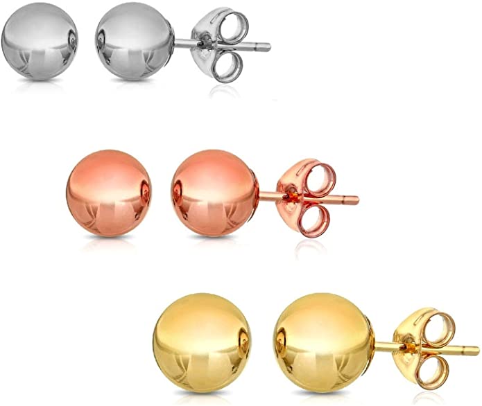 .925 Sterling Silver Ball Stud Earrings (3-Pair-Pack) 3MM 4MM AND 5MM… Choose your color