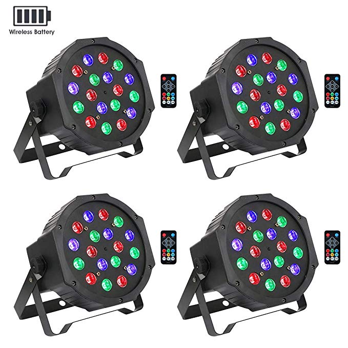 Wireless Battery Stage Lights Package, OPPSK 18LED RGB Par Lights Battery Power 4 Pack 5-15Hours Playing Remote DMX Control for DJ Wedding Party Stage Lighting