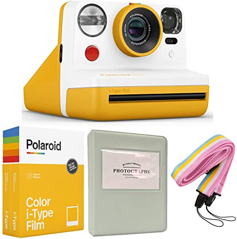 Polaroid Now i-Type Instant Camera - Yellow   Polaroid Color Instant Film for i-Type - Double Pack   Grey Album   Neck Strap
