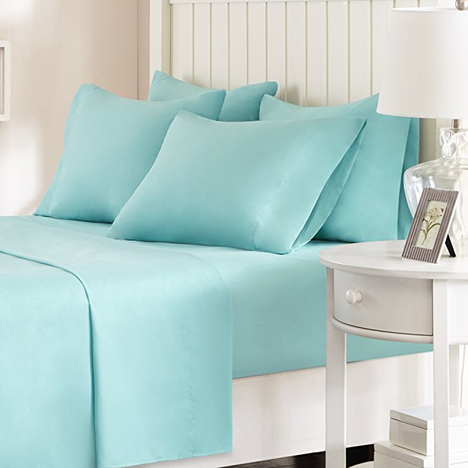 Comfort Spaces - Hypoallergenic Microfiber Sheet Set - 6 Piece - Queen Size - Wrinkle, Fade, Stain Resistant - Aqua Blue - Includes flat sheet, fitted sheet and 4 pillow cases