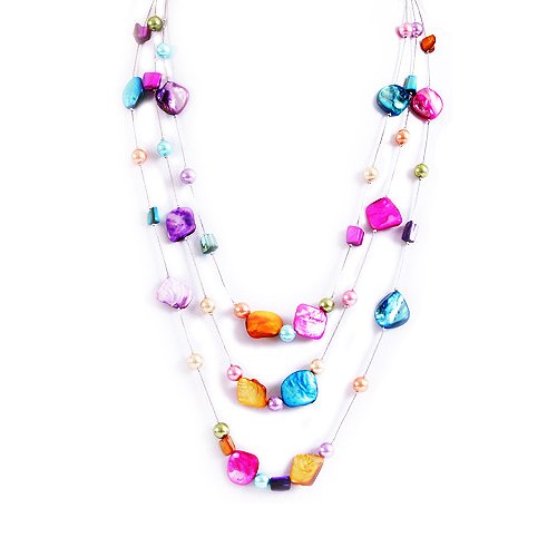 Triple Strands Multi Color Blister Shell and Beaded Long Necklace, 48 inches