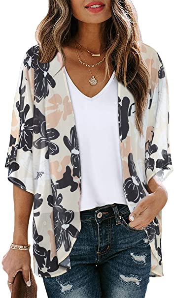 Women's Floral Print Puff Sleeve Kimono Cardigan Loose Cover Up Casual Blouse Tops