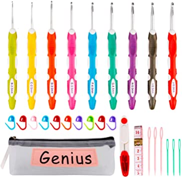 K Kwokker 28 Pcs Ergonomic Crochet Hooks Set with Bag, Lengthened and Soft Grip Crochet Kit and Accessories for Beginners and Crocheters, Complete Accessories, Small Volume and Convenient to Carry
