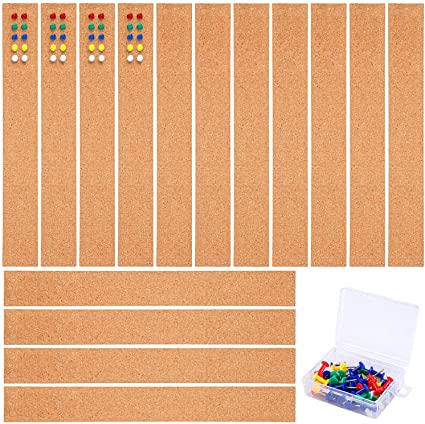 Cooraby 15 Pack Cork Bulletin Board Frameless Self-Adhesive Cork Strips 2 x 13.7 Inches Memo Boards with 40 Pins for Office School and Kitchen