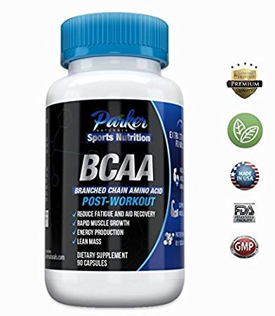 BCAA Amino Acid Dietary Supplement Capsules by Parker Naturals: Postworkout Muscle Growth & Recovery Supplements - 90 Capsules