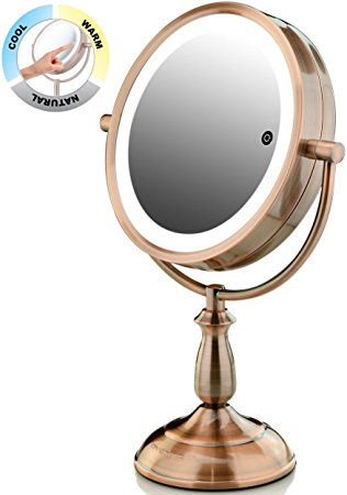 Ovente 8.5” Dual-Sided Lighted Makeup Mirror, Battery or Cord Operated, SmartTouch with 3 LED Tones (Cool, Warm, Natural Daylight), 1x10x Magnification, Antique Copper (MPT85CO1x10x)