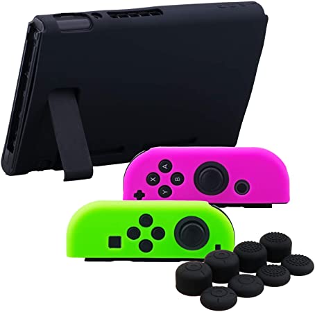 YoRHa Hand Grip Silicone Cover Skin Case for Switch/NS/NX Joy-Con Controller and Tablet (Pink Green Black) with Joy-Con Thumb Grips x 8