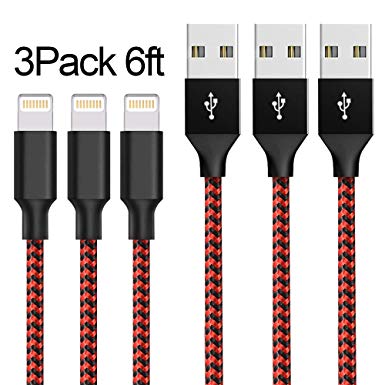 Cable,ONSON Charger Cables 3Pack 6FT to USB Syncing and Charging Cable Data Nylon Braided Cord Charger for iPhone 7/7 Plus/6/6 Plus/6s/6s Plus/5/5s/5c/SE and more-BlackRed …