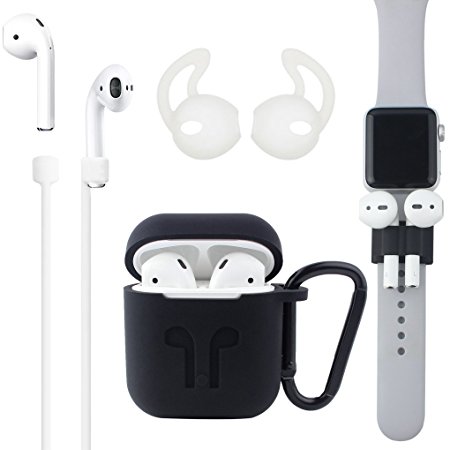 Airpods Case, [Airpods Accessories Set][Airpods Ear Hook][Airpods Watch Band Holder][Airpods Keychain][Airpods Strap][Silicone Cover] Best Kit [XCITING] for Apple AirPods Charging (Black Kit)