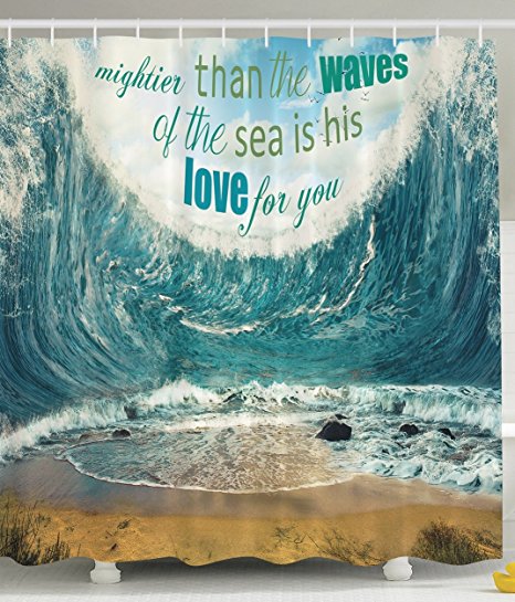 Ambesonne Love Quotes Decor Seashore Shower Curtain Symbols of Love Mightier Than the Waves of the Sea Is His Love for You Bathroom Decorations Blue White Teal Sand