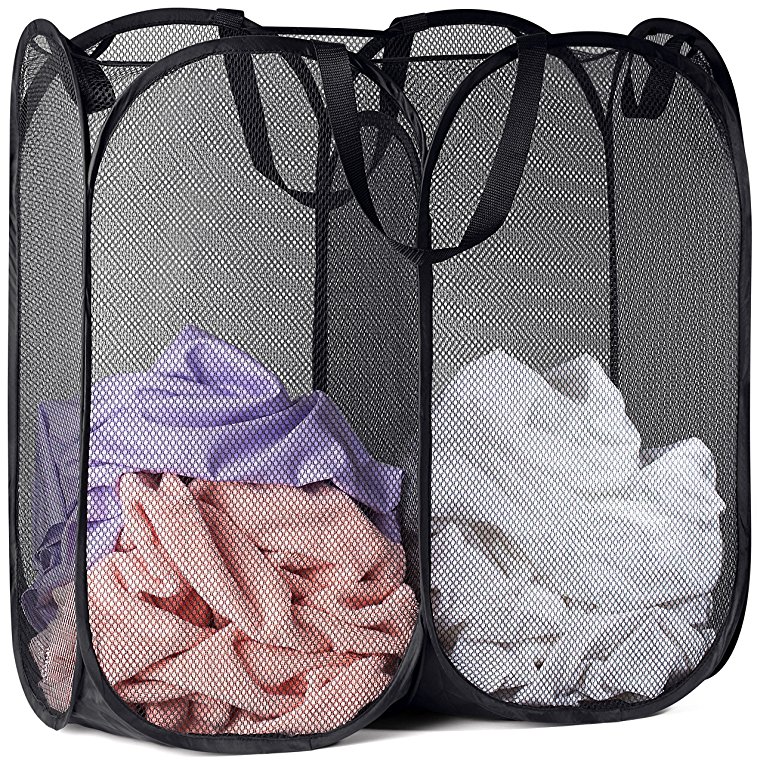 Mesh Pop-Up Laundry Hamper - 2 COMPARTMENTS - Easy to Open and Folds Flat for Storage. Hampers Mesh Material Helps Eliminate Laundry Odors and Moisture. Great Laundry Hamper for College Dorm. (Black)