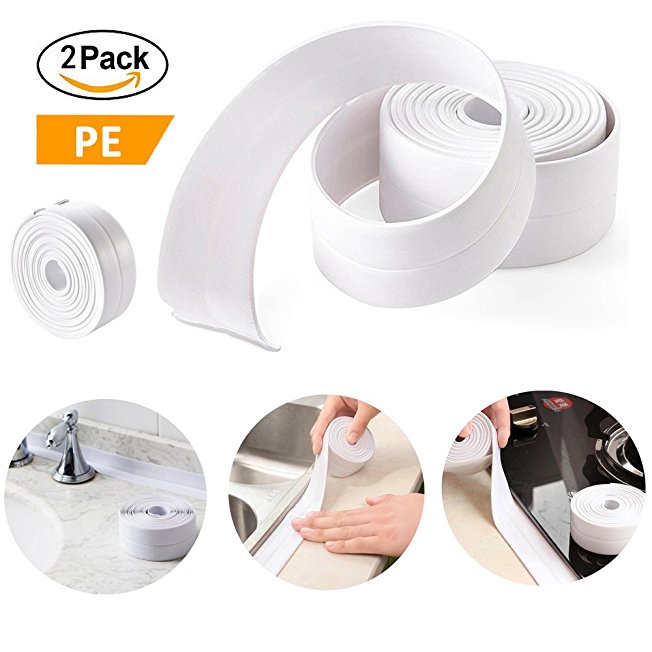 PE Caulk Strips Tape White Self Adhesive Sealing Tape for Kitchen Sink/Bathroom/Toilet/Bathtub/Shower-Waterproof Mold Proof 1-1/2''×11ft (2 Pack)