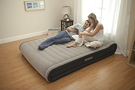 Intex Deluxe Mid-Rise Pillow Rest Airbed Kit with Handheld AC Pump, Queen, Beige