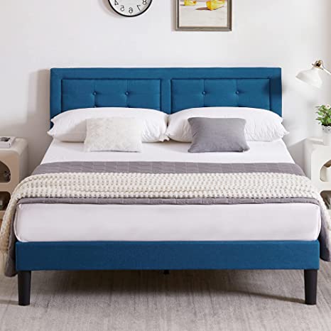 VECELO Full Size Platform Bed Frame with Height Adjustable Upholstered Headboard/Mattress Foundation/Strong Slat Support/No Box Spring Needed, Blue