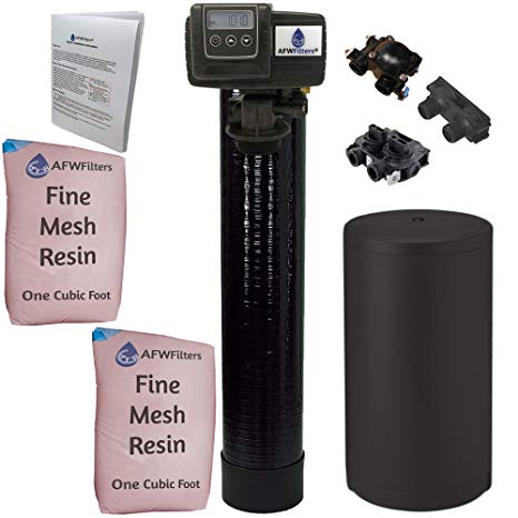 Fleck Whole House Water Softener System 5600sxt Digital Meter Grain-Includes Valve & brine Tank with Safety Float (64k 3/4 Inch Bypass, Black Fine Mesh Resin), 3/4"