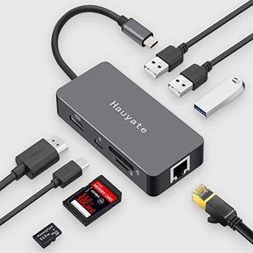 USB C Hub Multiport Adapter - Hauyate 8 in 1 Portable Space Aluminum Dongle with 4K HDMI / Ethernet Output, 3 USB Ports, SD/Micro SD Card Reader Compatible for MacBook Pro, XPS More Type C Devices (Grey)