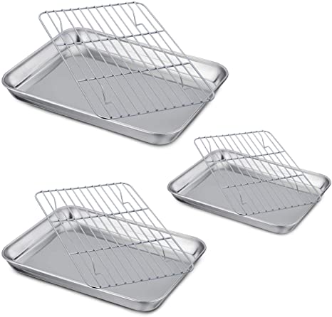 Baking Sheet with Rack Set (3 Pans   3 Racks), Rocutus Stainless steel Baking Pan Cookie Baking Pans with Cooling Rack,Non Toxic & Heavy Duty & Easy Clean