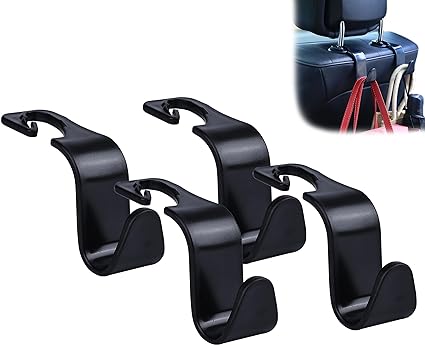 Amooca Car Seat Headrest Hook 4 Pack Hanger Storage Organizer Universal for Handbag Purse Coat Universal fit Vehicle Car Black with Buckle, QF350