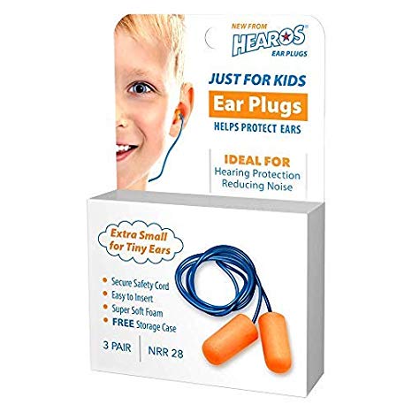 HEAROS Just for Kids Ear Plugs NRR 28 Foam EarPlugs, Extra Small Corded Hearing Protection with Storage Case (3 Pairs)