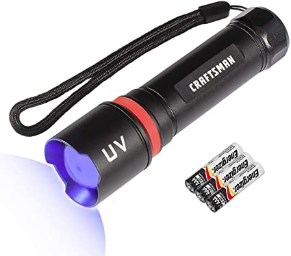 Craftsman UV Blacklight Flashlight, LED Tactical Flashlight, 395nm, Zoomable, 2 Modes, UV Light Detector for Invisible Ink Pens, Dog Cat Pet Urine Stain, AAA Alkaline Batteries Included, CMXLFAG67291