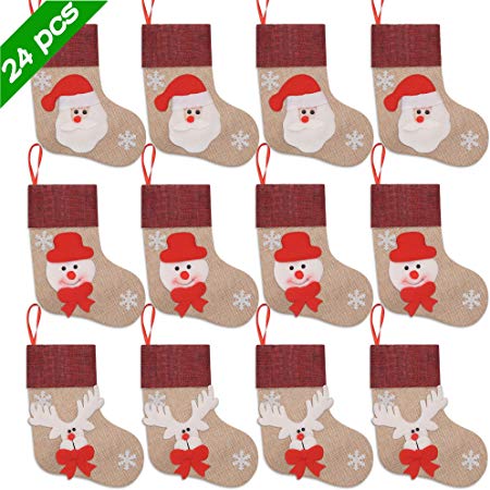 Ivenf Christmas Mini Stockings, 24 Pcs 7 inches Burlap 3D Santa Snowman Reindeer Stockings, Gift Card Silverware Holders, Bulk Treats for Neighbors Coworkers Cats Dogs, Small Rustic Xmas Tree Decor