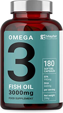 Omega 3 Fish Oil Triple Strength (3000mg) | Omega 3 Capsules with 660 EPA 440 DHA per Serving | Max Absorption Fish Oil Supplement with No Aftertaste | 180 Softgels | UK Made