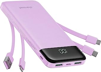 Portable Charger with Built in Cables, Portable Charger with Cords Wires Slim 10000mAh Travel Essentials Battery Pack 6 Outputs 3A High Speed Power Bank for iPhone Samsung Pixel LG Moto iPad (Purple)