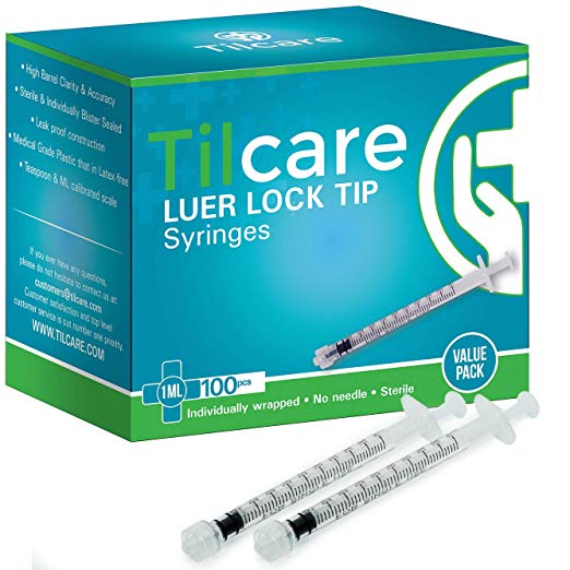 1ml Syringe Without Needle Luer Lock 100 Pack by Tilcare - Sterile Plastic Medicine Droppers for Children, Pets or Adults – Latex-Free Oral Medication Dispenser - Syringes for Glue and Epoxy