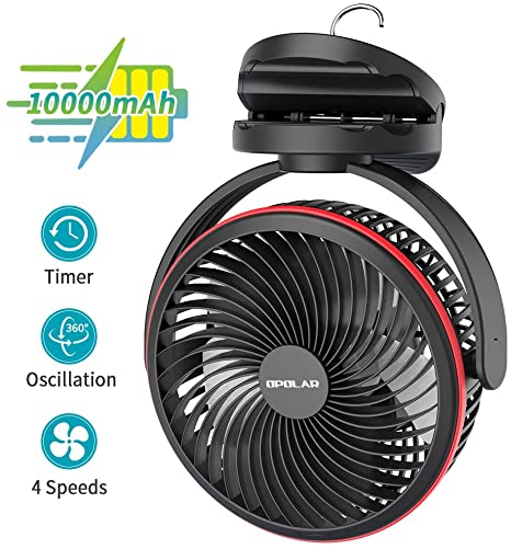 OPOLAR 10000mAh Clip on Fan, 7-Inch Battery Operated Desk Fan, 4 Speeds Portable Fan Rechargeable, Strong Wind, Time Setting , 360° Rotation,USB Fan for Bedroom Camping Tent Beach or Treadmill Car, Black