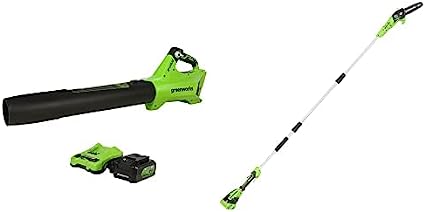 Greenworks 24V Brushless Axial Blower (110 MPH / 450 CFM), 4Ah USB Battery and Charger Included BL24L410 with 24V Pole Saw