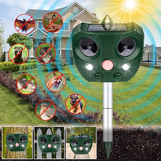 Ultrasonic Animal Repellent Outdoor,Solar Cat Repellent Outdoor with Motion and Light Sensor and Sound,Cat Bird Deer Squirrel Ultrasonic Animal Pest Repeller Deterrent Devices for Yard