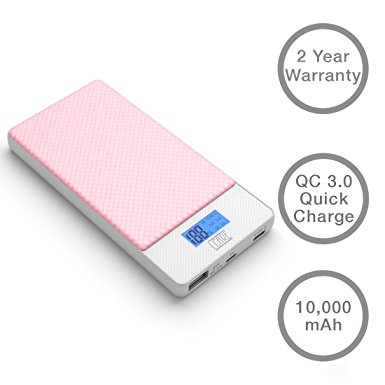 LCARE Qualcomm QC 3.0 Quick Charge Power Bank 10000mAh (Pink) with Type C port + 80% faster compare to a normal power bank with Quick Charge Input and Output