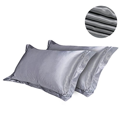 Hootech 2Pcs Satin Silk Pillow Cases Soft Cushion Covers Mutiple Colors grey Queen Size