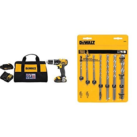 DEWALT DCD785C2 20V MAX Lithium Ion Compact 1.5 Ah Hammer Drill/Driver Kit with  7-Piece Premium Percussion Masonry Drill Bit Set