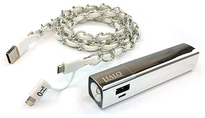 HALO Shine 3000 Phone Charger - Power Bank with USB, Flashlight and 2 in 1 Cable for Apple and Android Phones - Silver