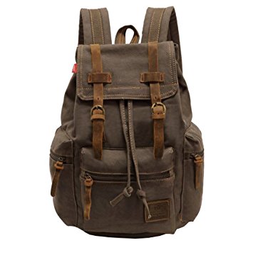 Vintage Unisex Casual Leather Backpack Canvas Rucksack Bookbag Satchel Hiking Backpack Travel Outdoor Shouder Bag (Army Green)
