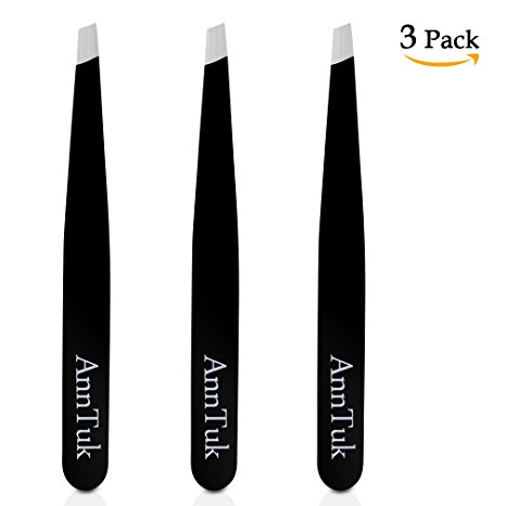 Slant Tweezers Set, 3 Pcs Anntuk Premium Stainless Steel Slant Tips Tweezers, Best Precision Eyebrow and Hair Remover (Black)