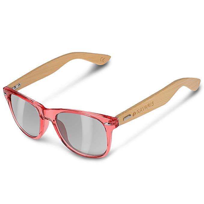 Navaris UV400 Bamboo Sunglasses - Unisex Retro Wooden Optics Glasses - Classic Wood Shades Women Men - Fashionable Eyewear with Case Polarized Lenses