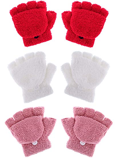 Boao 3 Pairs Kids Fingerless Mittens Convertible Flip Top Gloves Soft Knitted Gloves