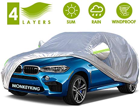 MonkeyKing 4 Layers Outdoor SUV Car Cover Universal Full Car Covers for Automobiles All Weather Waterproof UV Protection Windproof Rain Dust Scratch Car Cover Fit SUV Large (Fit SUV(190’’-201’’))